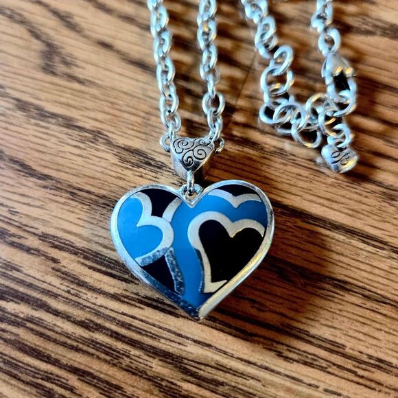 BRIGHTON Vintage Blue, Black, Silver And Enamel Heart Necklace BOHEMIAN! - Picture 2 of 10